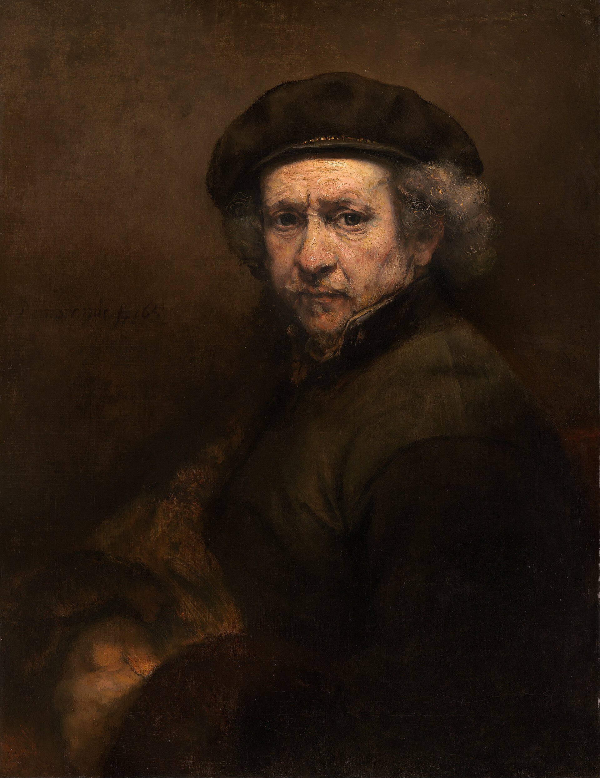 Imagem de referência de Autorretrato com Boina e Colarinho Levantado, descrito nos dados abertos como pintura de Rembrandt