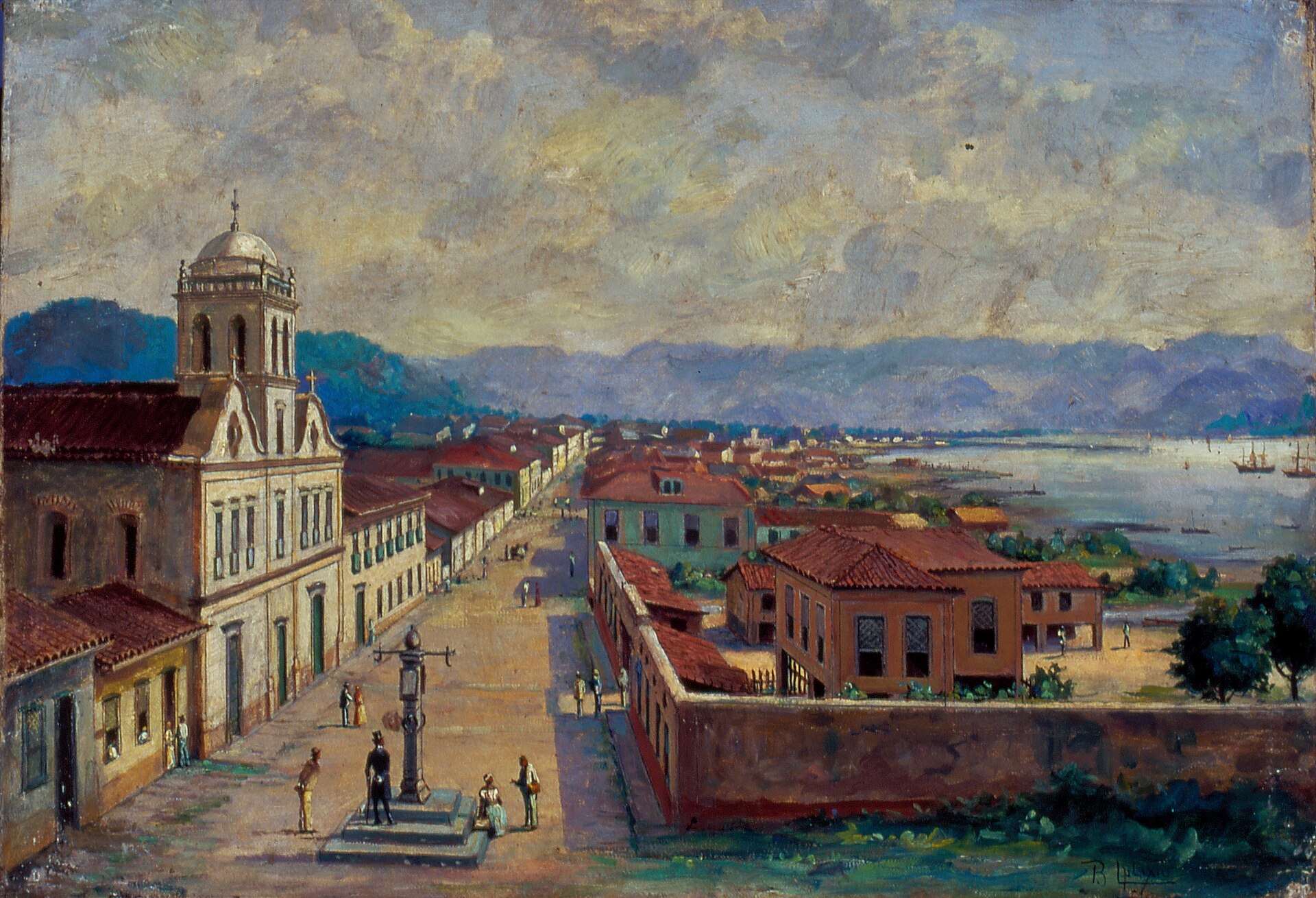 Imagem de referência de Pelourinho e arsenal da Marinha em Santos, 1850, descrito nos dados abertos como pintura de Benedito Calixto