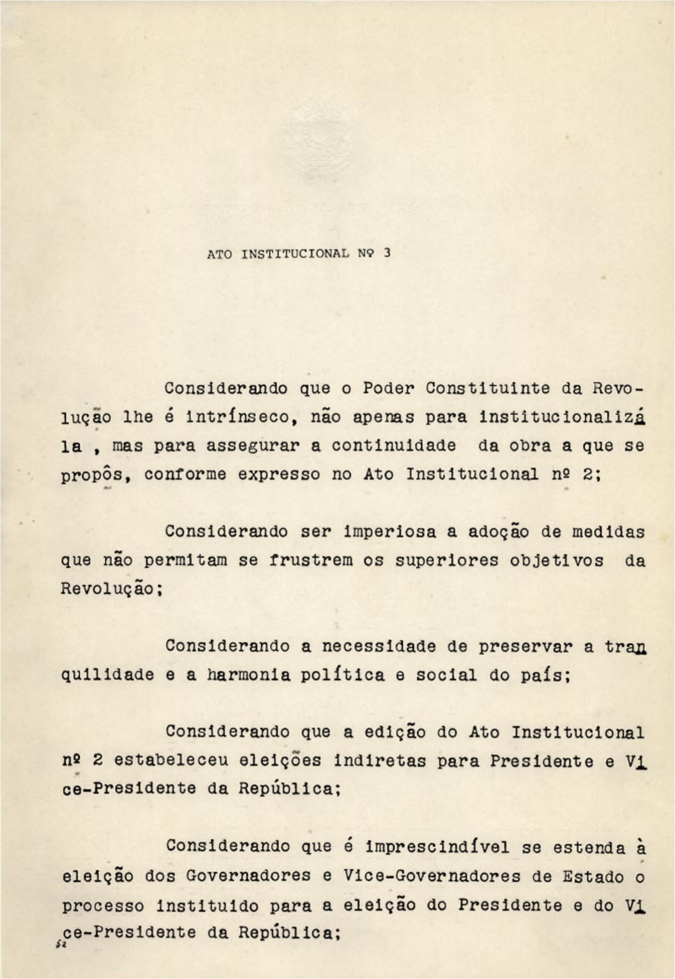 Imagem de referência de Ato Institucional Número Três, descrito nos dados abertos como 3º decreto da ditadura militar brasileira emitido em 1966 para restringir direitos e manter o regime