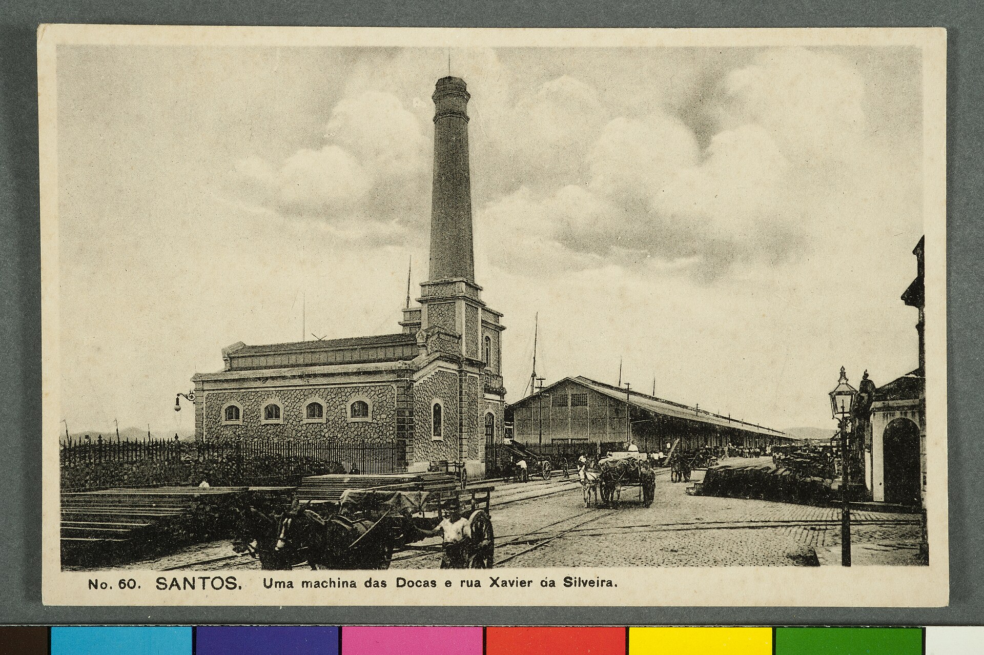 Imagem de referência de No. 60. Santos. uma Machina das Docas e Rua Xavier da Silveira, descrito nos dados abertos como item da Coleção Cartões Postais, no Museu Paulista