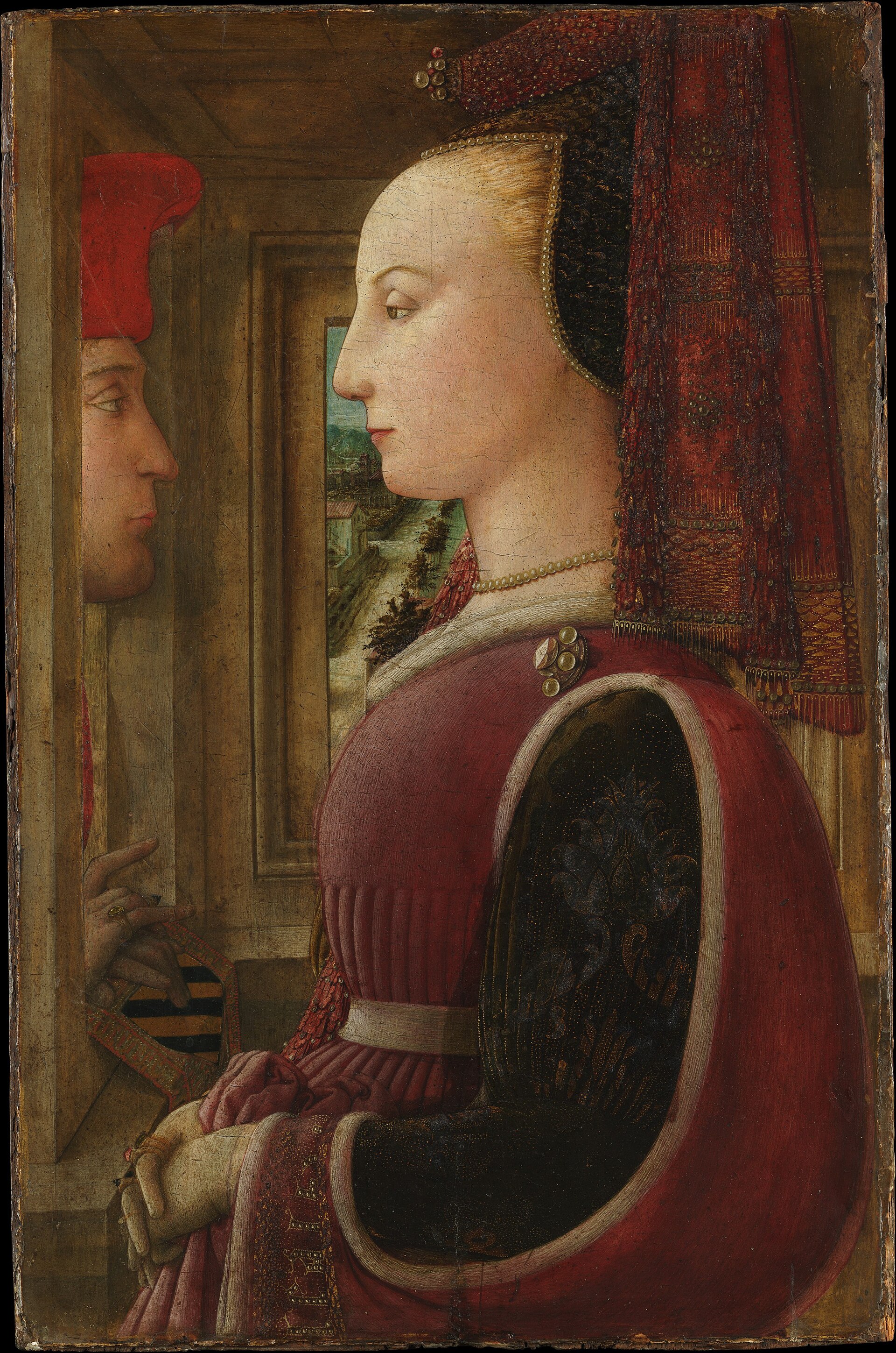 Imagem de referência de Retrato de uma mulher com um homem assomado na janela, descrito nos dados abertos como pintura de Fra Filippo Lippi