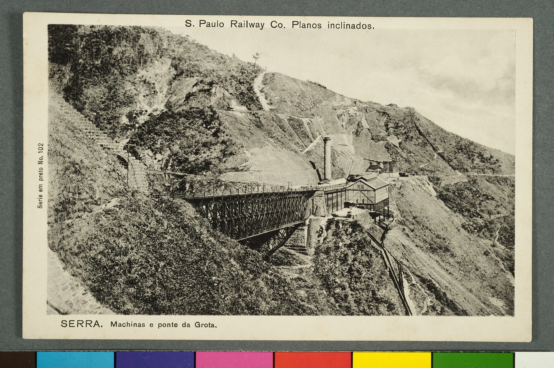 Imagem de referência de S. Paulo Railway Co. Planos Inclinados. - Serra. Machinas e Ponte da Grota, descrito nos dados abertos como item da Coleção Cartões Postais, no Museu Paulista