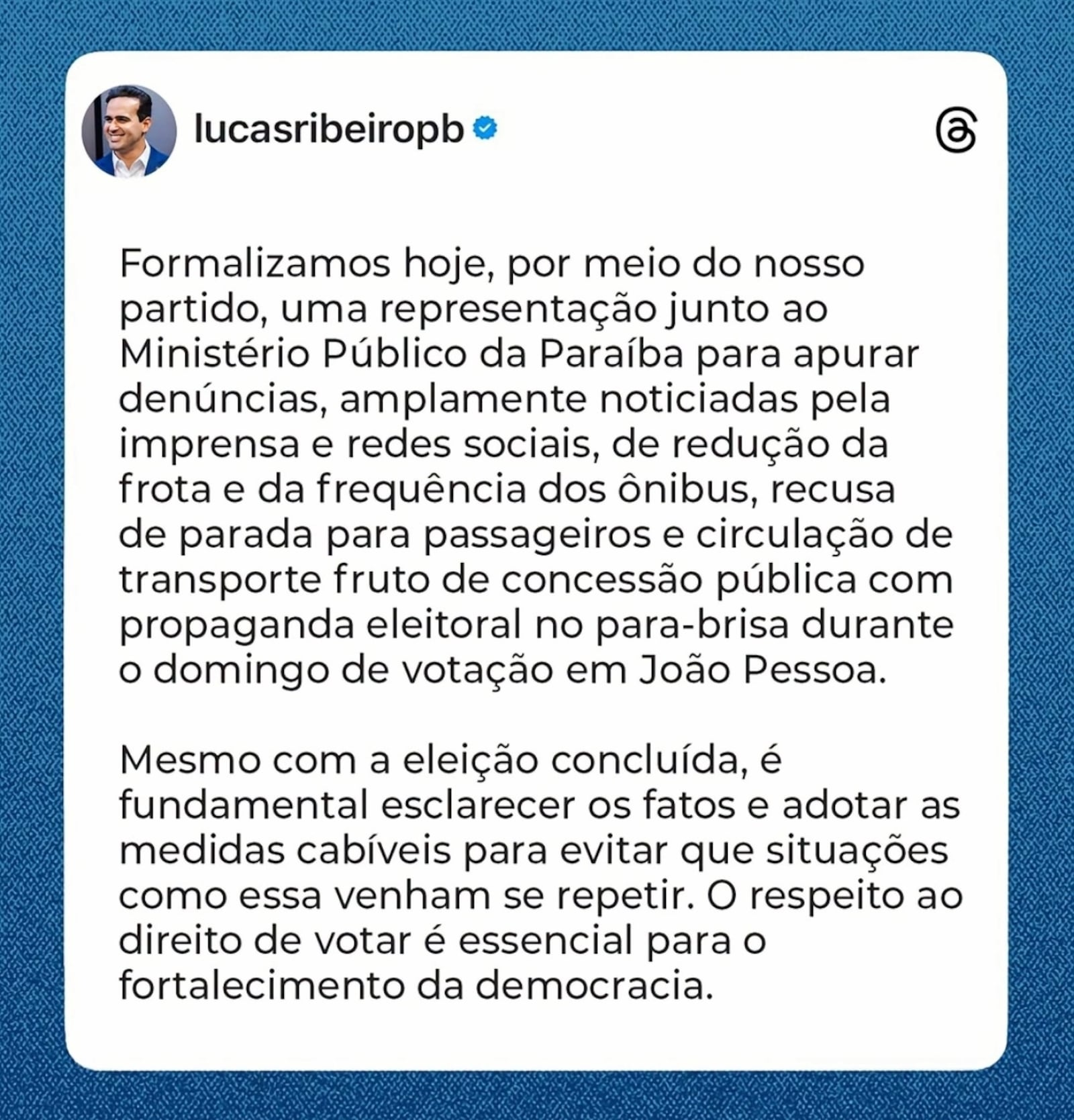 Imagem da matéria: Lucas Ribeiro formaliza denúncia e pede que MP apure redução da frota de ônibus no segundo turno da Eleições