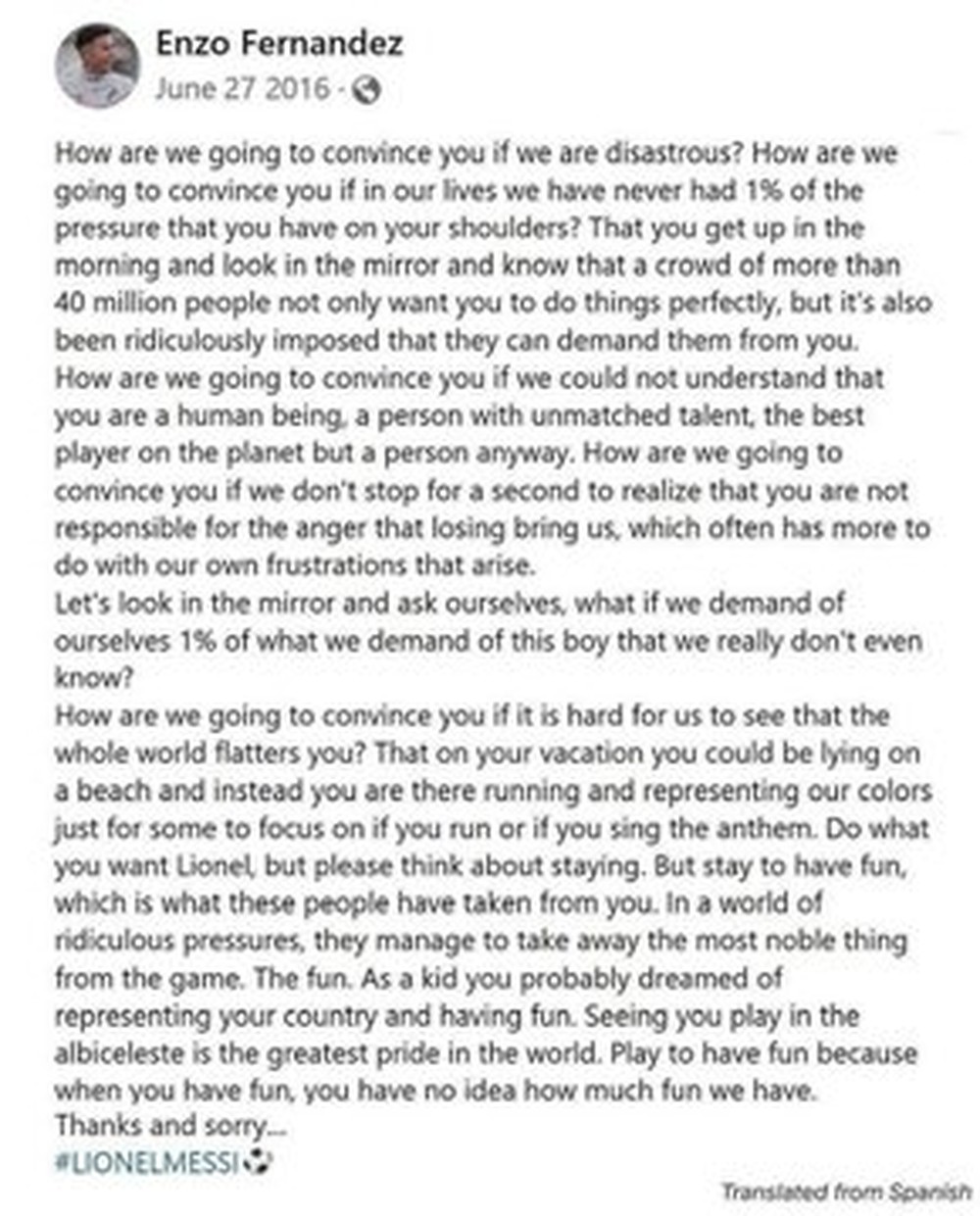 Companheiro de Messi na Argentina relembra carta emocionante da adolescência ao ídolo — Foto: Reprodução/X
