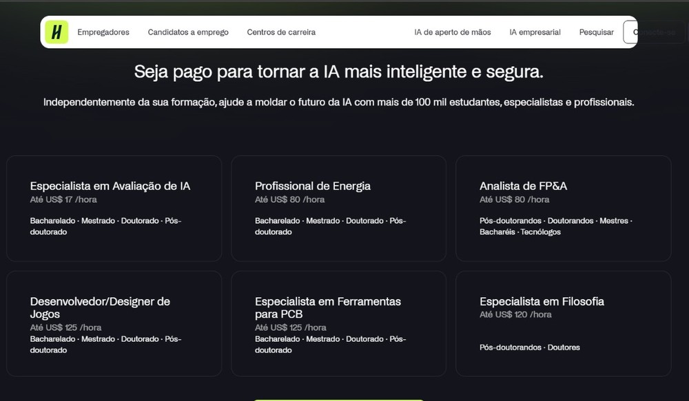 Exemplos de oportunidades disponíveis no Handshake AI — Foto: Reprodução/Thaisi Carvalho