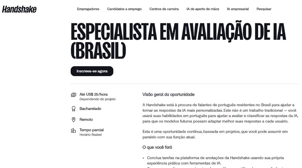 Handshake AI disponibiliza vaga para brasileiros avaliarem modelos de IA — Foto: Reprodução/Thaisi Carvalho